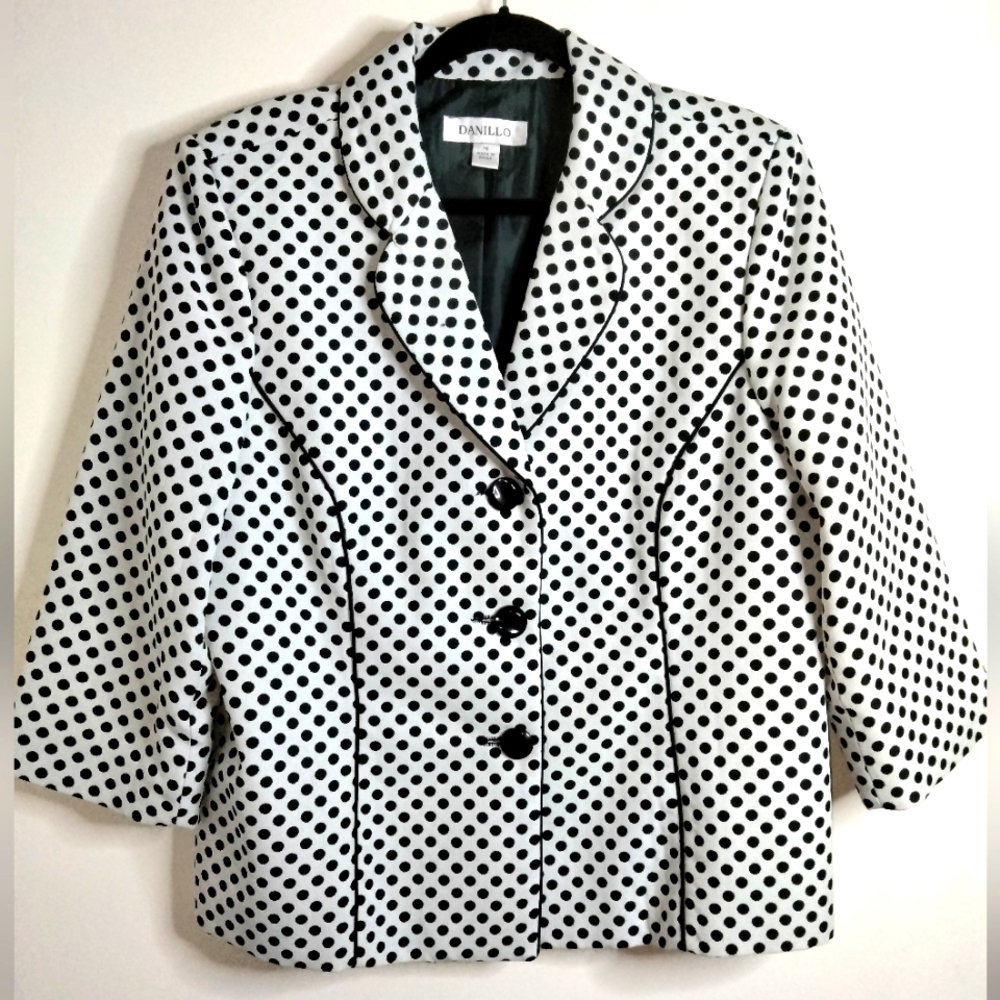 Danillo (Size 14) Polka Dot Button Front 3/4 Sleeve Interior Lined Blazer Jacket